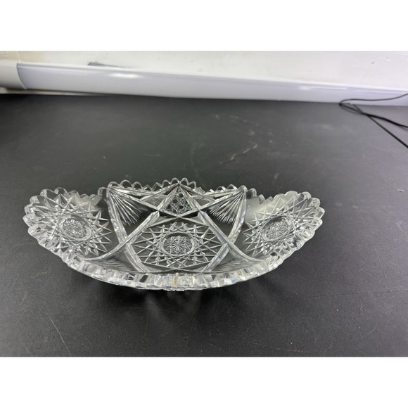 Antique American Cut Glass Hibstars Fans Sawtooth Edge 8 1/4 " Oval Bowl - Picture 1 of 10